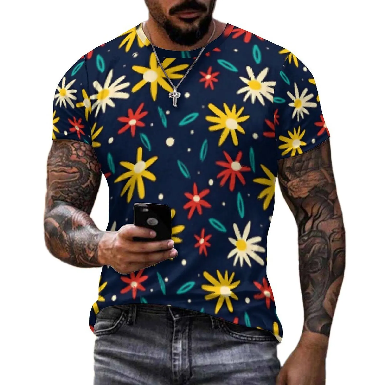 Plus Size T-Shirt Summer Daisy Floral T Shirts Colorful Flowers Y2K Casual O-Neck Tshirt Man Fashion Design Top Tees