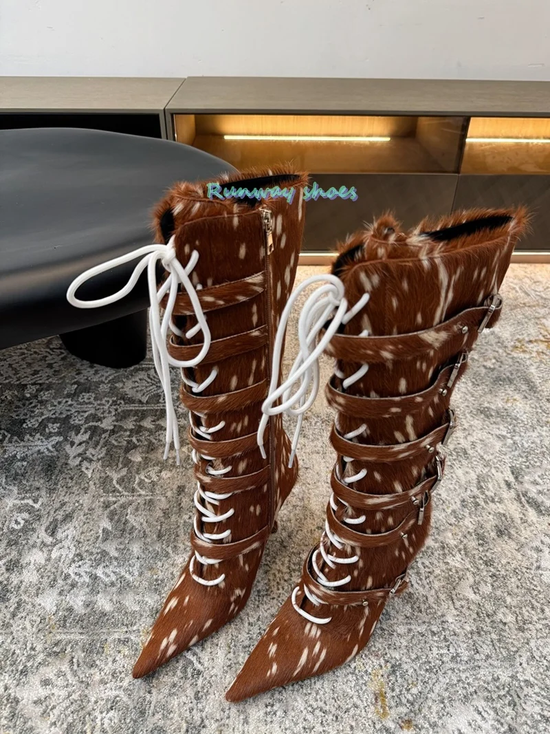 Handmade Color-Blocked Knee-High Boots  Stilettos Cross Straps Women's Boots Christmas Party Runway Boots Luxury Winter Boots