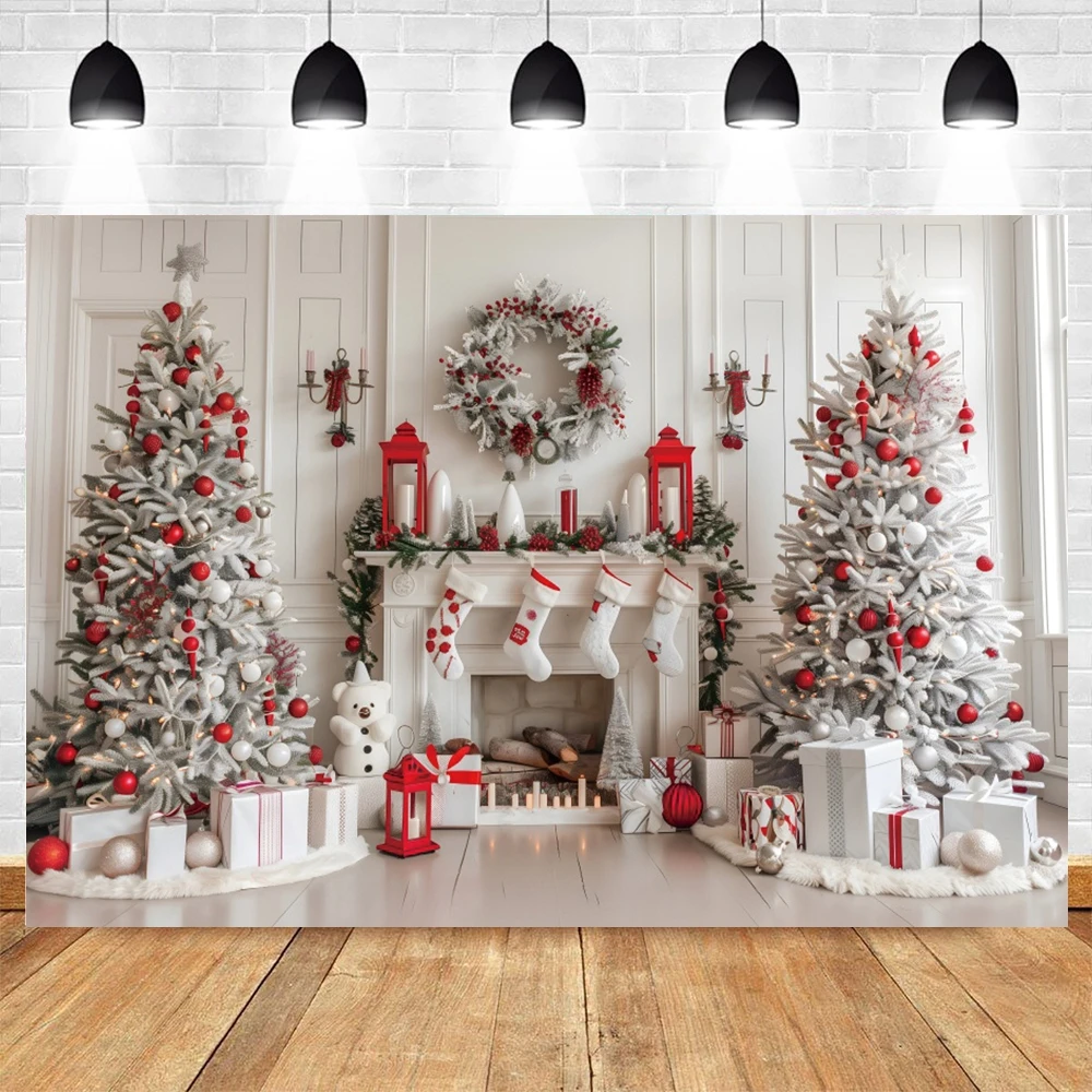 Toile de fond de photographie de cheminée de Noël, cadeaux d\'arbre de Noël, chaussette, fenêtre d\'hiver, décor de fête de famille, fond de studio