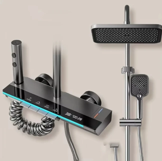 

Натуральный свет для ванной комнаты, набор для дождевого душа с повышением давления, цифровой дисплей, смесители для душа для ванны, керамический клапан, полированный мягкий струй