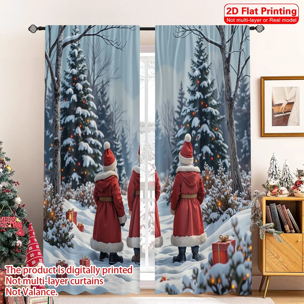 

2pcs 2D flat printing Merry Christmas Curtains Christmas Gnomes Forest Lanterns Polyester Without Electricity Festive Holiday