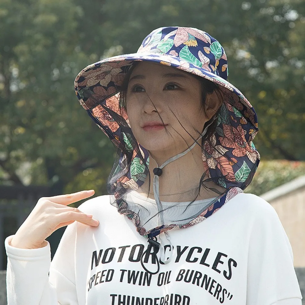 Fashion Floral Mosquito Hat Anti-UV with Net Mesh Fishing Sun Cap Face Neck Protection Breathable Insect Proof Cap Summer