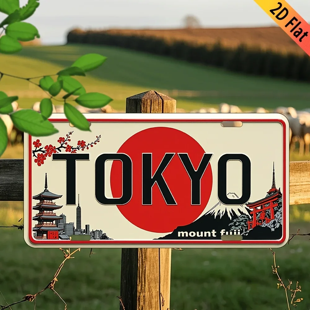 2D Flat Printing Tokyo Japan Aluminum Sign, Mount Fuji Cherry Blossom Vintage License Plate Asian Travel Wall Plaque