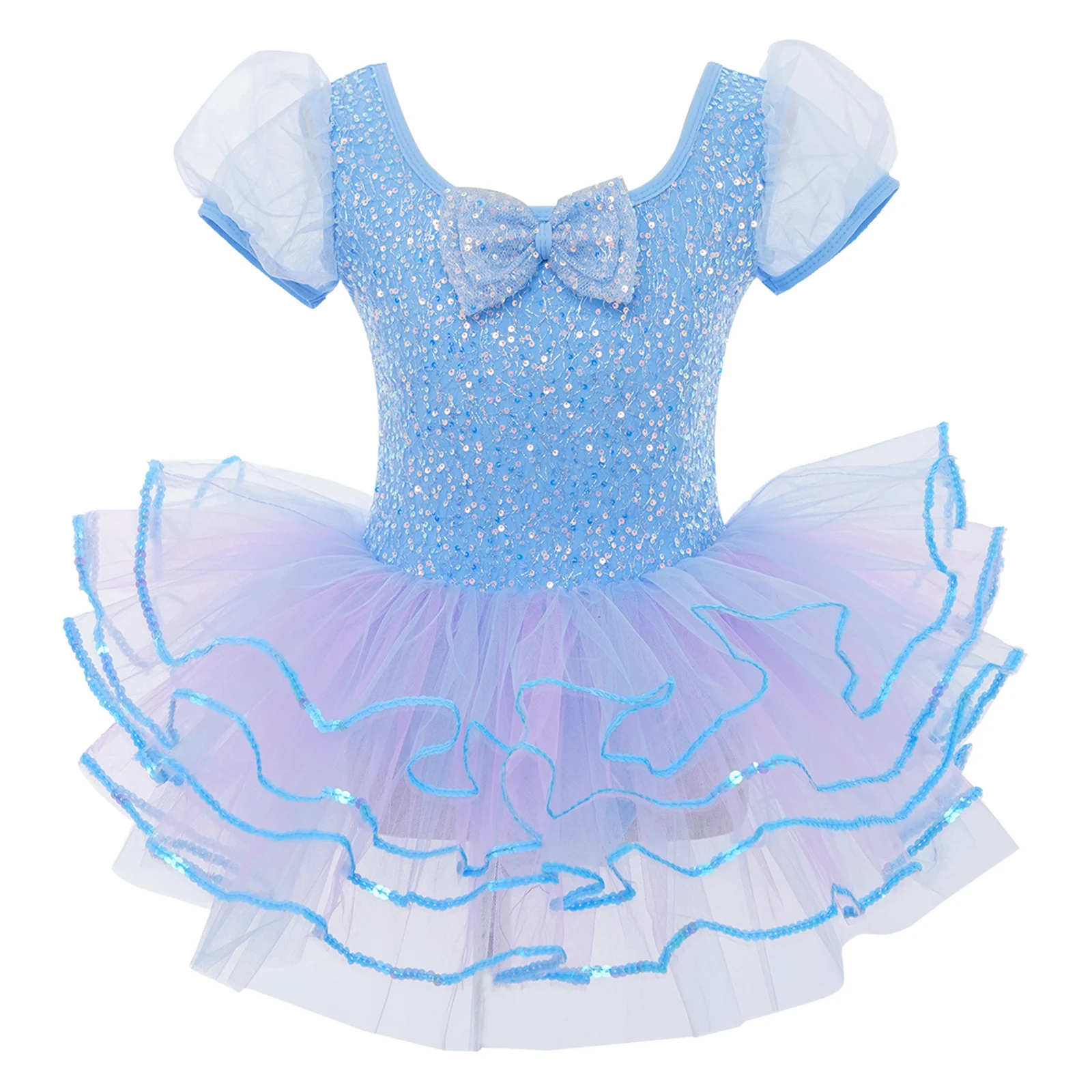 

Kids Girls Shiny Sequins Ballet Dance Dresses Stage Performance Dancewear Short Puff Sleeves Bowknot Layered Tutu Dress