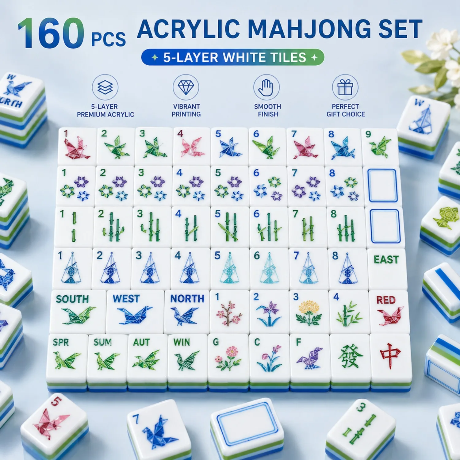 160 Pcs American Mahjong Set,5-Layer White Acrylic,Colorful Origami Style Design,Mahjong Game Set for Family Game Night & Gift