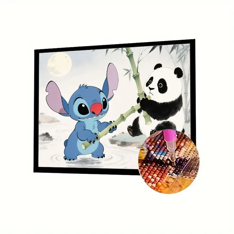 

1PC Disney Stitch & Panda Playing with Bamboo 5D Diamond Painting Kit - Full Drill Round Rhinestone Art for DIY Home Wall Decor,