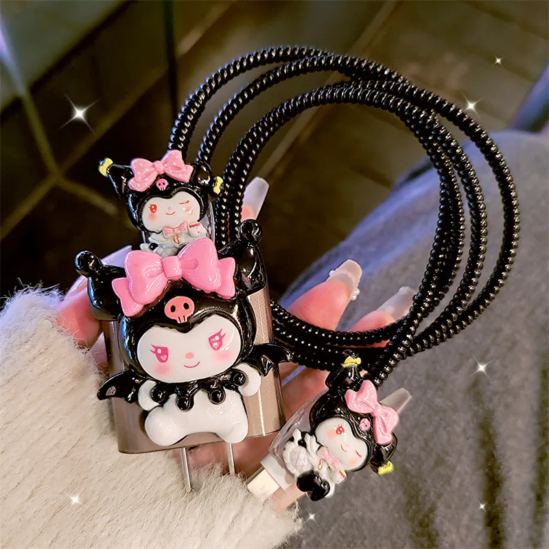 Cute Kuromi Charger Protector Cable Organiser For iPhone 15 14 13 Pro Max 18W 20W Cartoon Data Cable Management Cord Winder Kit