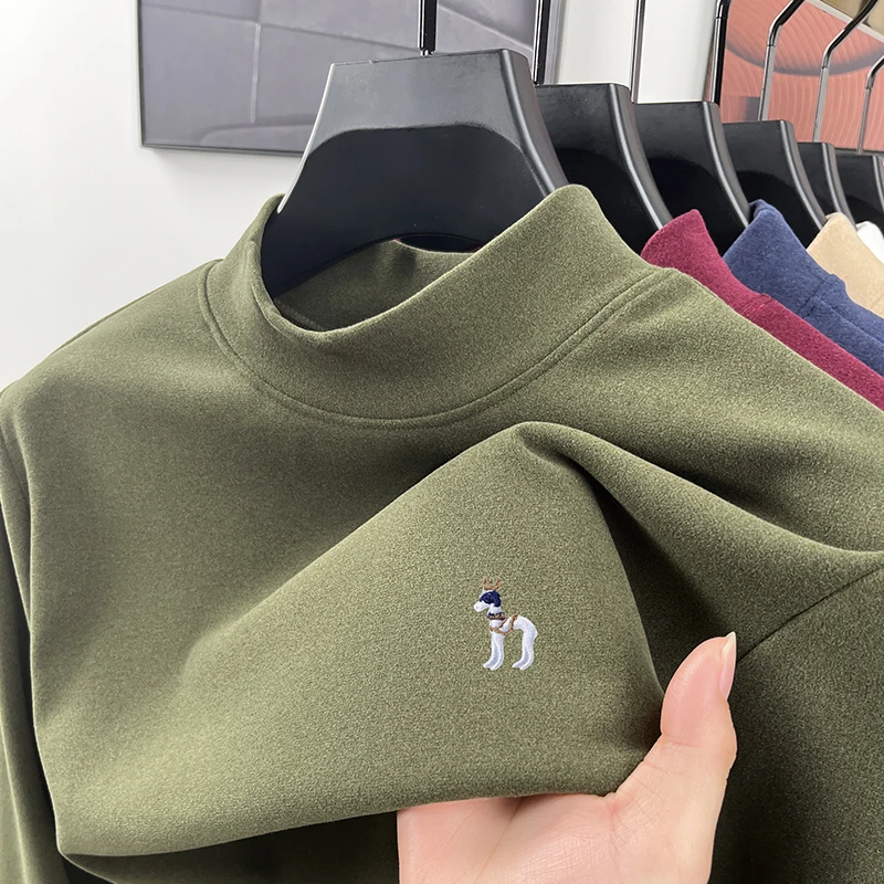 

men's luxury velvet fleece long sleeves t-shirt mock neck high quality embroidery exquisite trend leisure innerwear men clothing