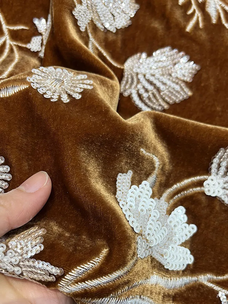 High Quality Real Silk Velvet Heavy Industry Sequined Embroidered Gold Cloth Cheongsam Qipao Ancient Costume Designer Fabric