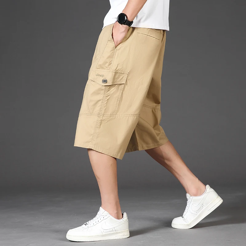 2026 New Summer Cotton Cargo 3/4 Shorts Men Baggy Casual Pants Joggers Multi-pocket Board Bermuda Work Shorts Plus Size L-6XL