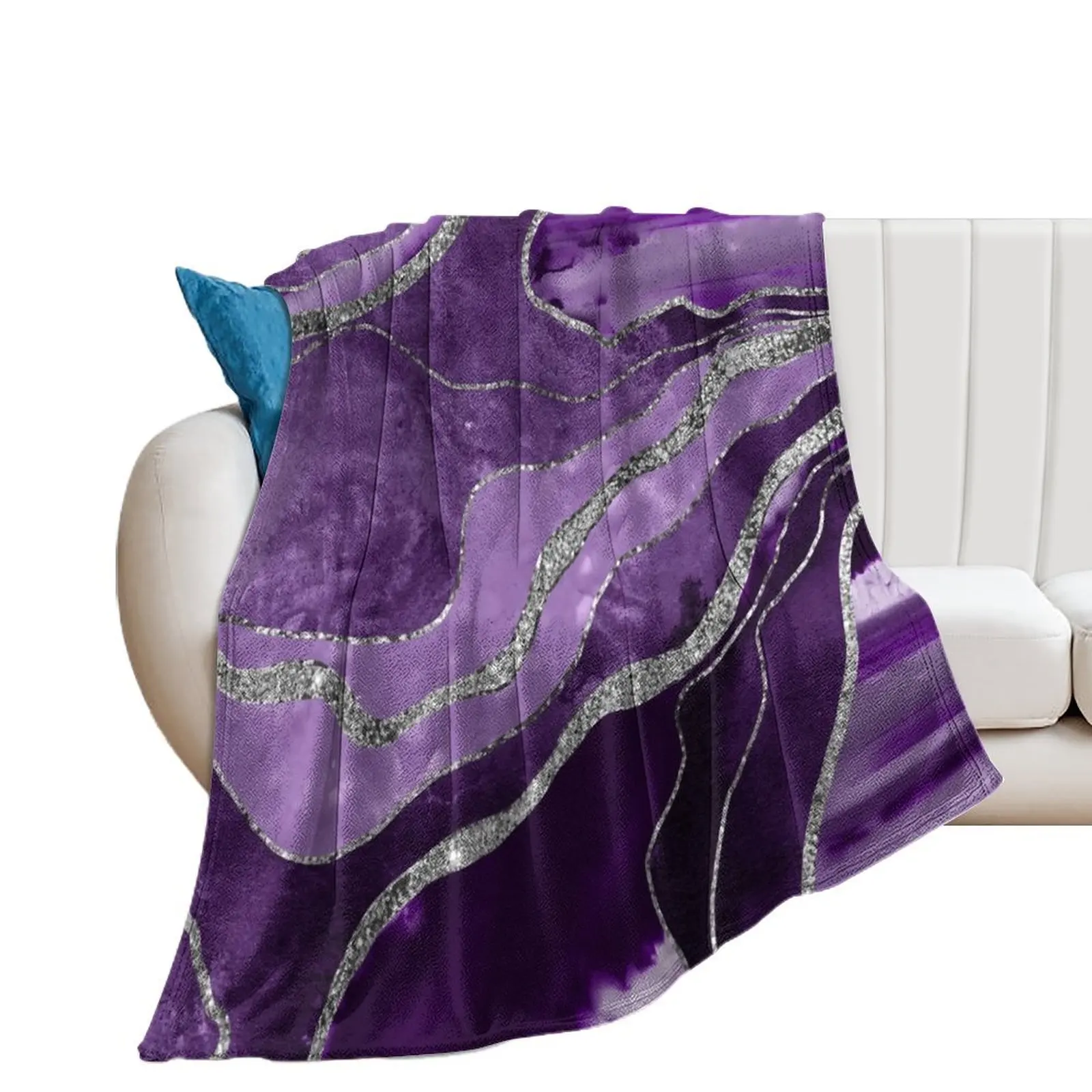 Purple Marble Agate Silver Glitter Glam #1 (Faux Glitter) #decor #art Throw Blanket Softest Retros Blankets