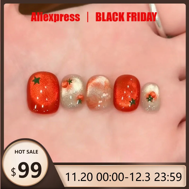 10pcs Festive Red Oval Short Press-On Nails with Cute Tomato Design Glossy Finish Holiday Nail Art Set for Women and Girls Wear