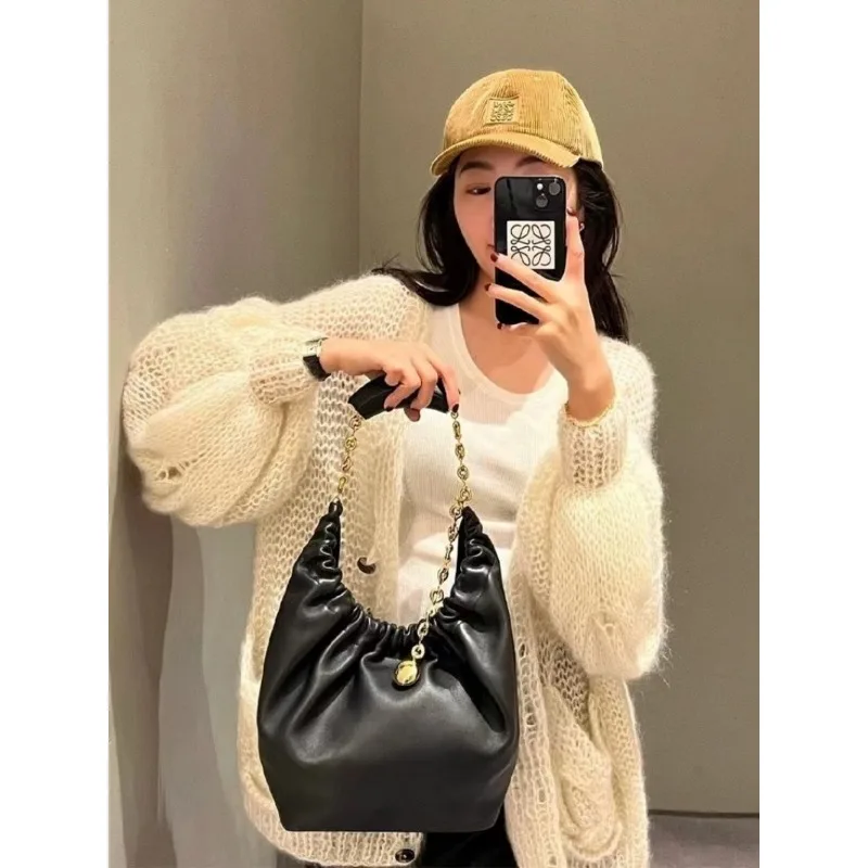 2024 new designer creased soft leather star and moon bag large capacity commuting versatile chain shoulder tote bag for women