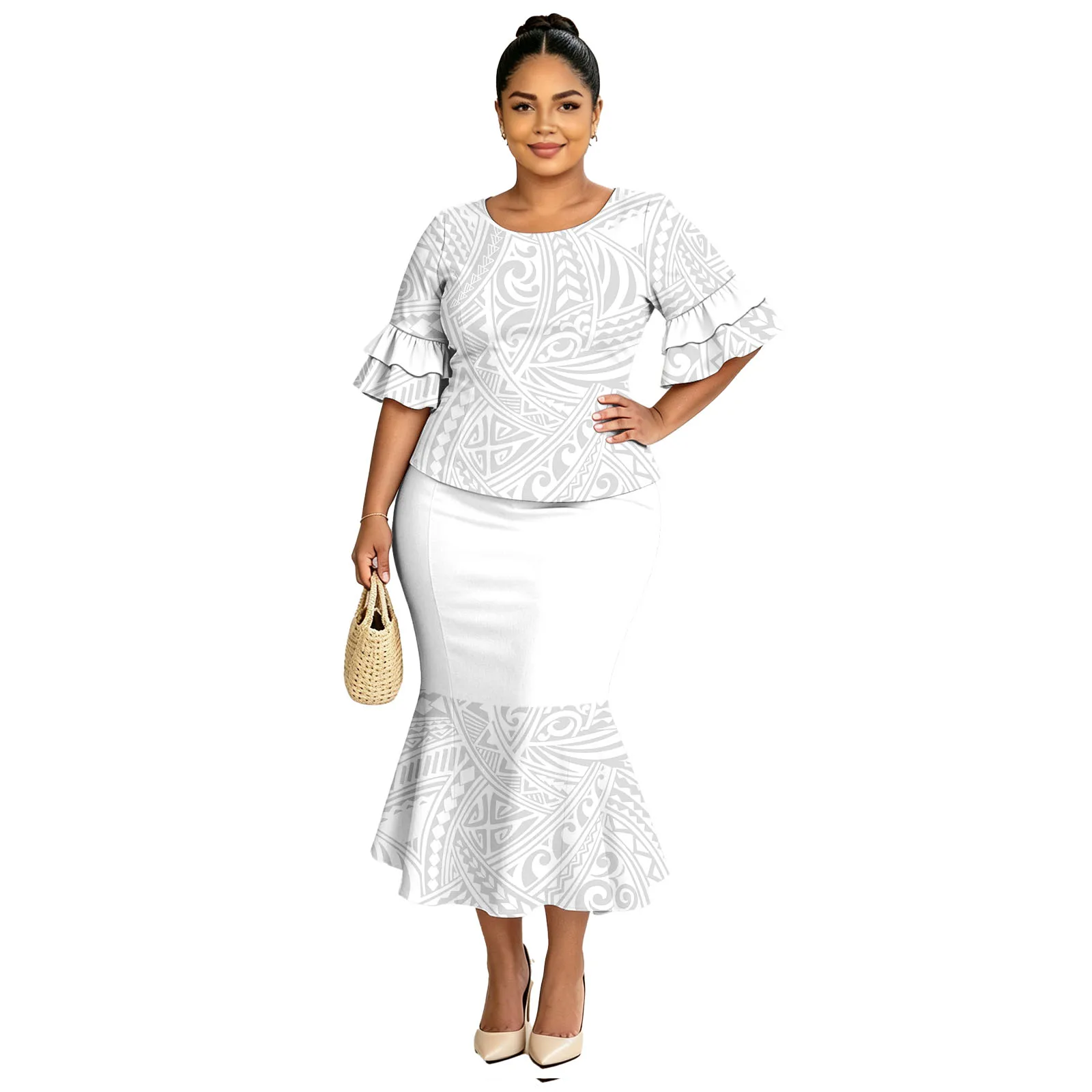 Hot Sale Holiday White Sunday Dress Clothes Ladies Cascading Petal Sleeve Puletasi Women Polynesia Samoan Puletasi Tribal Dseign