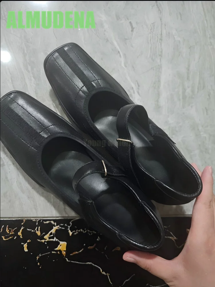 

Square Toe Thick Heel Mary Jane Shoes Black Retro Belt Buckle Velcro Design Shallow Mouth Upturned Toe Mid Heels Punk Style Pump