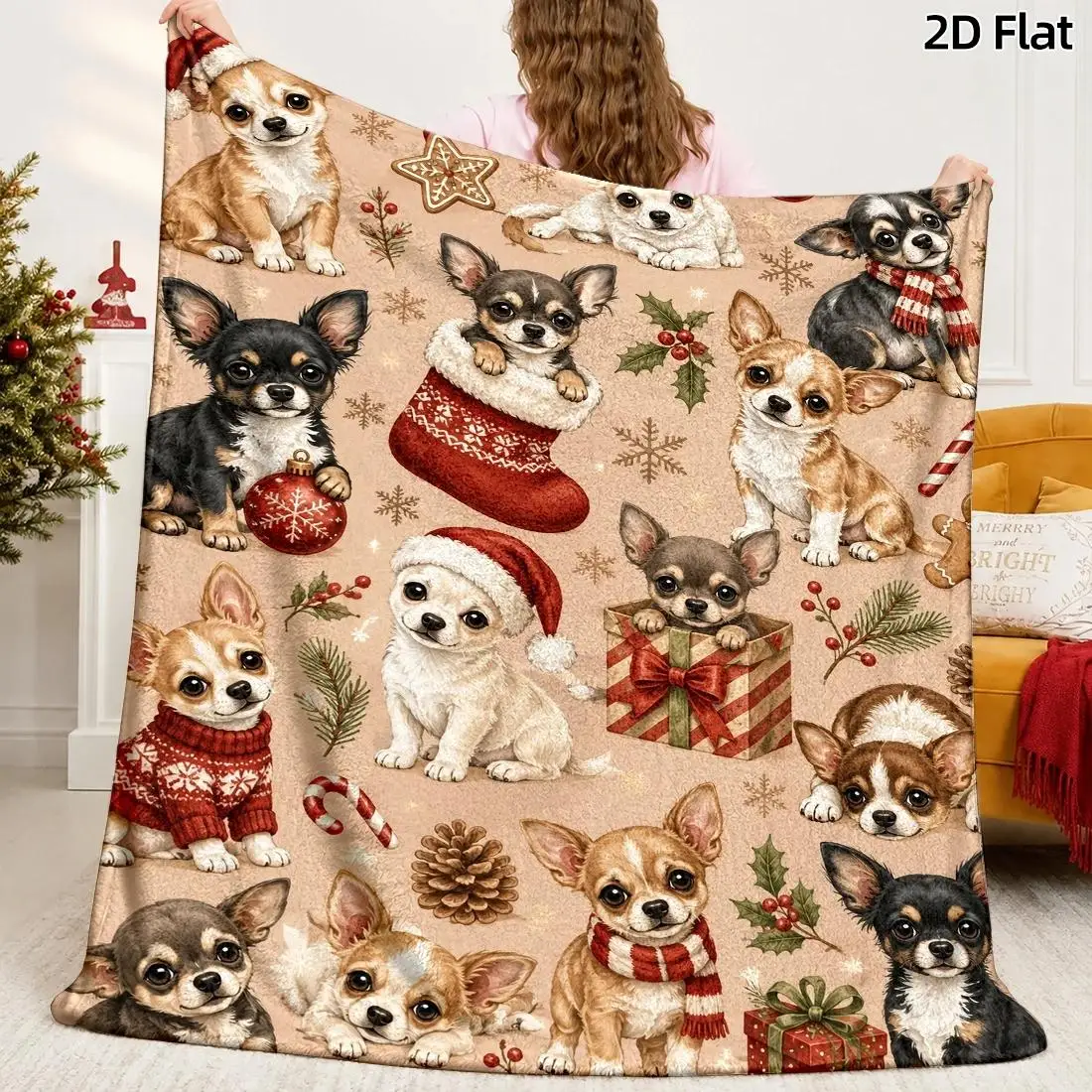 1pc 2D Flat Cartoon Blanket, Christmas Puppy Pattern, Whimsical Watercolor Puppy Illustration, Warm Red & Gold Holiday Details