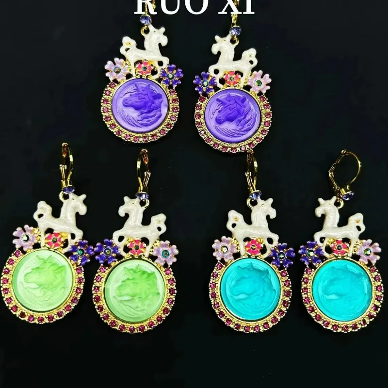 

Punk Vintage Sweet Unicorn Pendant Hand-painted Enamel Color Flowers Gold Plated Big Hook for Women Cute Gothic Earrings Funky