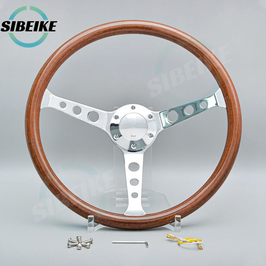 JDM Universal 15inch Wood Style Steering Wheel Chrome Spoke Retro Car Classic Sports Steering Wheel