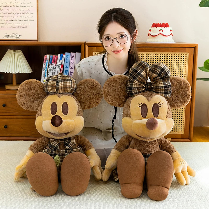 

New Disney 70cm Retro Plaid Mickey & Minnie Couple Plush Dolls Soft Stuffed Toy Set Perfect Valentine Birthday Gift for Lovers