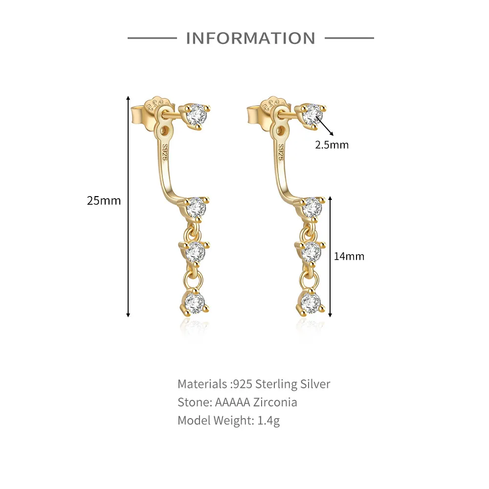 CANNER Luxury Women's Earrings 925 Sterling Silver Rear Hanging Rhinestone Fringe Hanging CZ Studs Shiny Wedding Statement Jewel