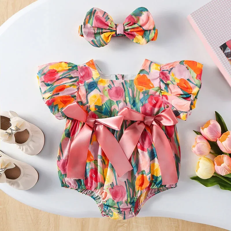 

2025 New Summer Infant Baby Girls Bodysuits Short Sleeved Cotton Print Toddler Baby Girls Jumpsuit 0-24M Children Clothes