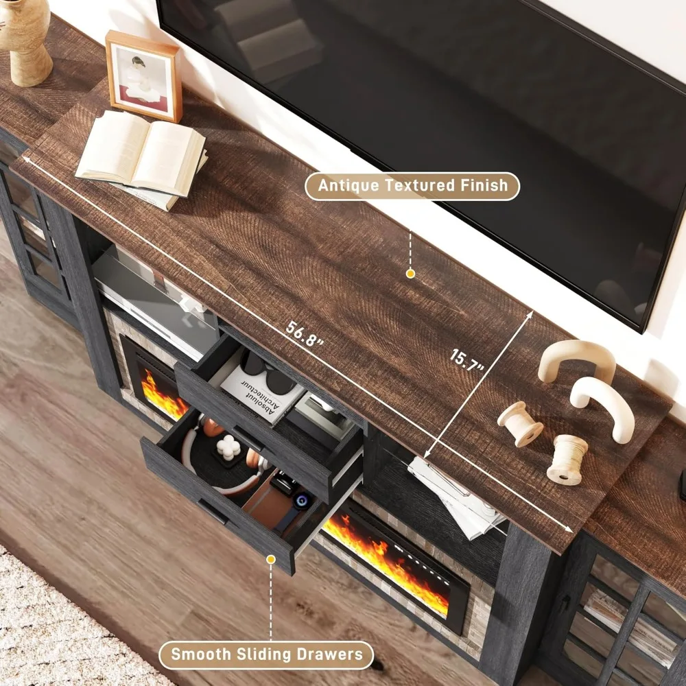 85 Electric Fireplace with Mantel, Fireplace TV Stand w/42 Electric Fireplace for 65 Inch TV with Power Outlets, Farmhouse Enter