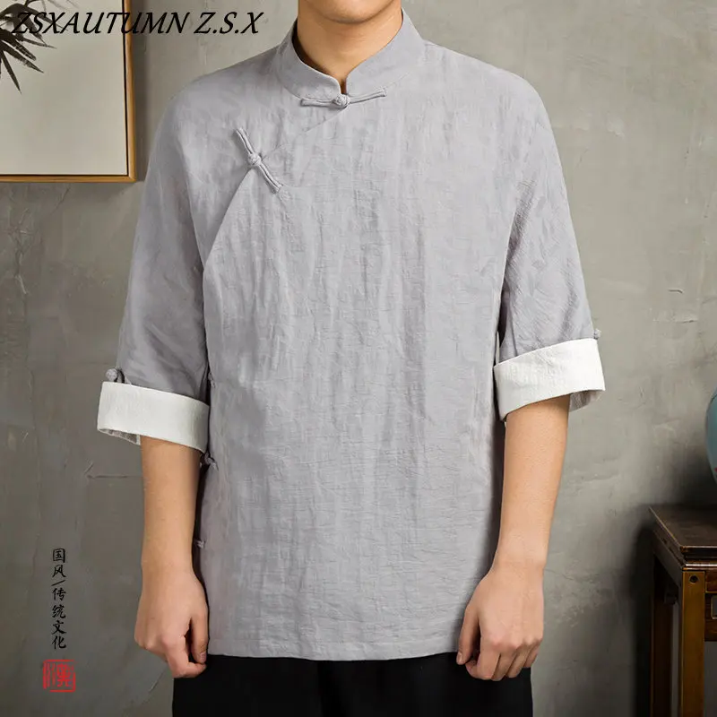 China Shirt Top Cotton linen Wushu Kung Fu Outfit Traditional Chinese Clothing for Men Male Chinese Mandarin Collar Shirt Blouse