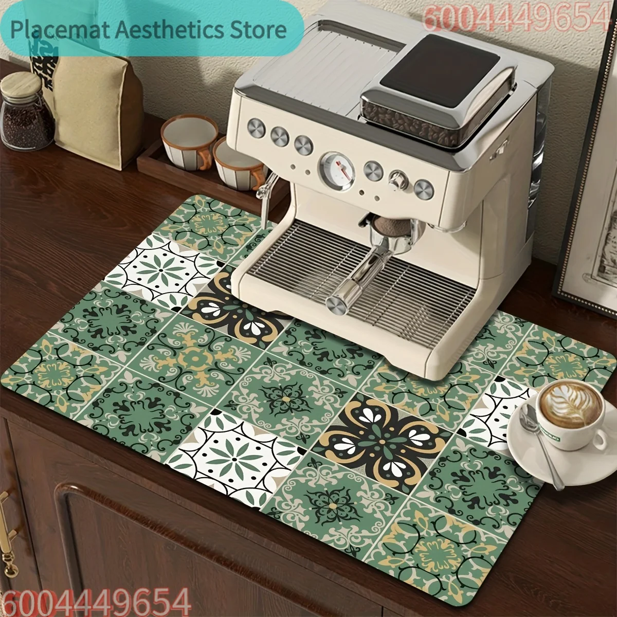 Coffee Machine Water Absorption Mat, Dish Drying Mat - Green Vintage Persian Checkered Pattern - Kitchen Countertop Protective