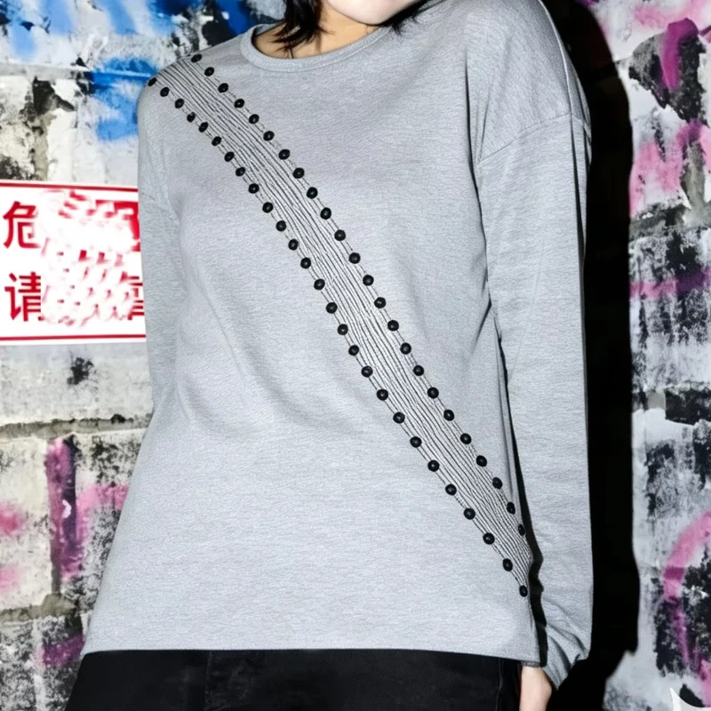 Fashion Street Metal Ring Diagonal Print Long Sleeve Pullover Round Neck Loose Shoulder Leisure Harajuku Joker Women's T-shirt