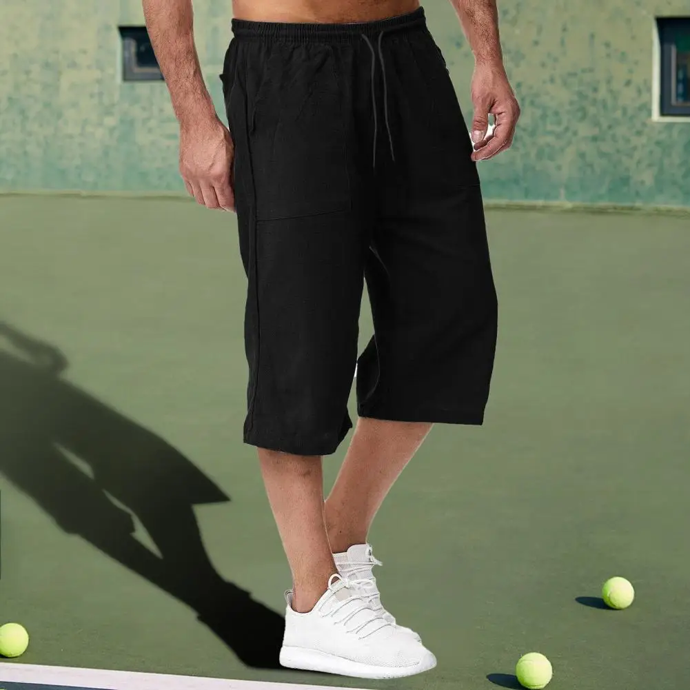 Men Ergonomic Design Pants Men's Mid-rise Elastic Drawstring Wide Leg Pants with Pockets for Summer Streetwear Solid Color