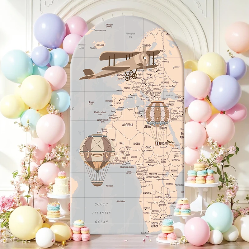 Tło fotograficzne w stylu vintage z mapą świata i motywem samolotów, dekoracja na baby shower, urodziny, rekwizyt do zdjęć. — zdjęcie 5