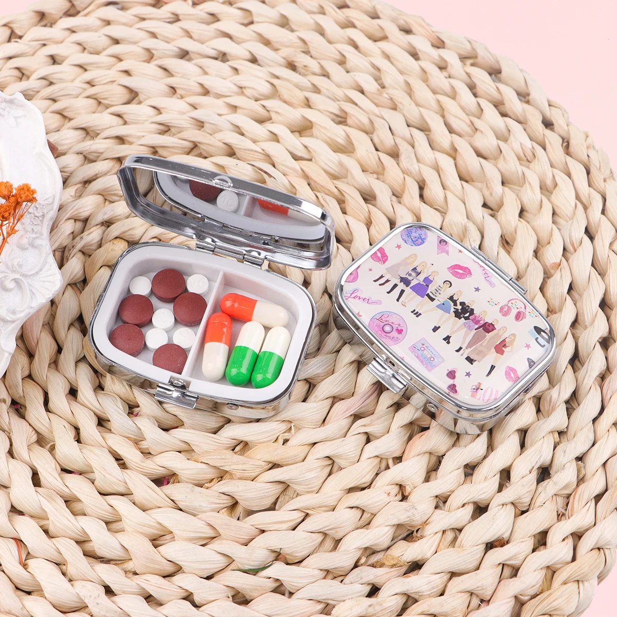 Quotation 2 Compartments Metal Medicine Box Portable Travel Decorated  Sealed Small Pill Organizer Container Storage