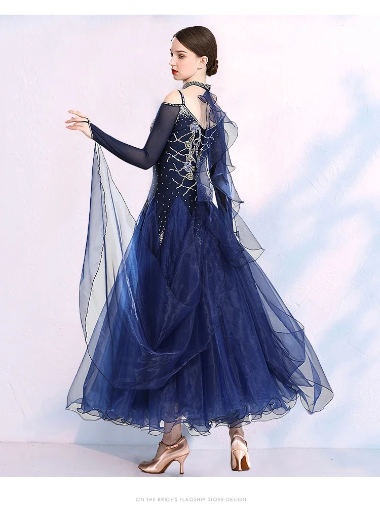 Fora do ombro fio voador lantejoulas grande balanço feminino vestido de competição de dança de salão valsa tango vestido de dança roupas de festa