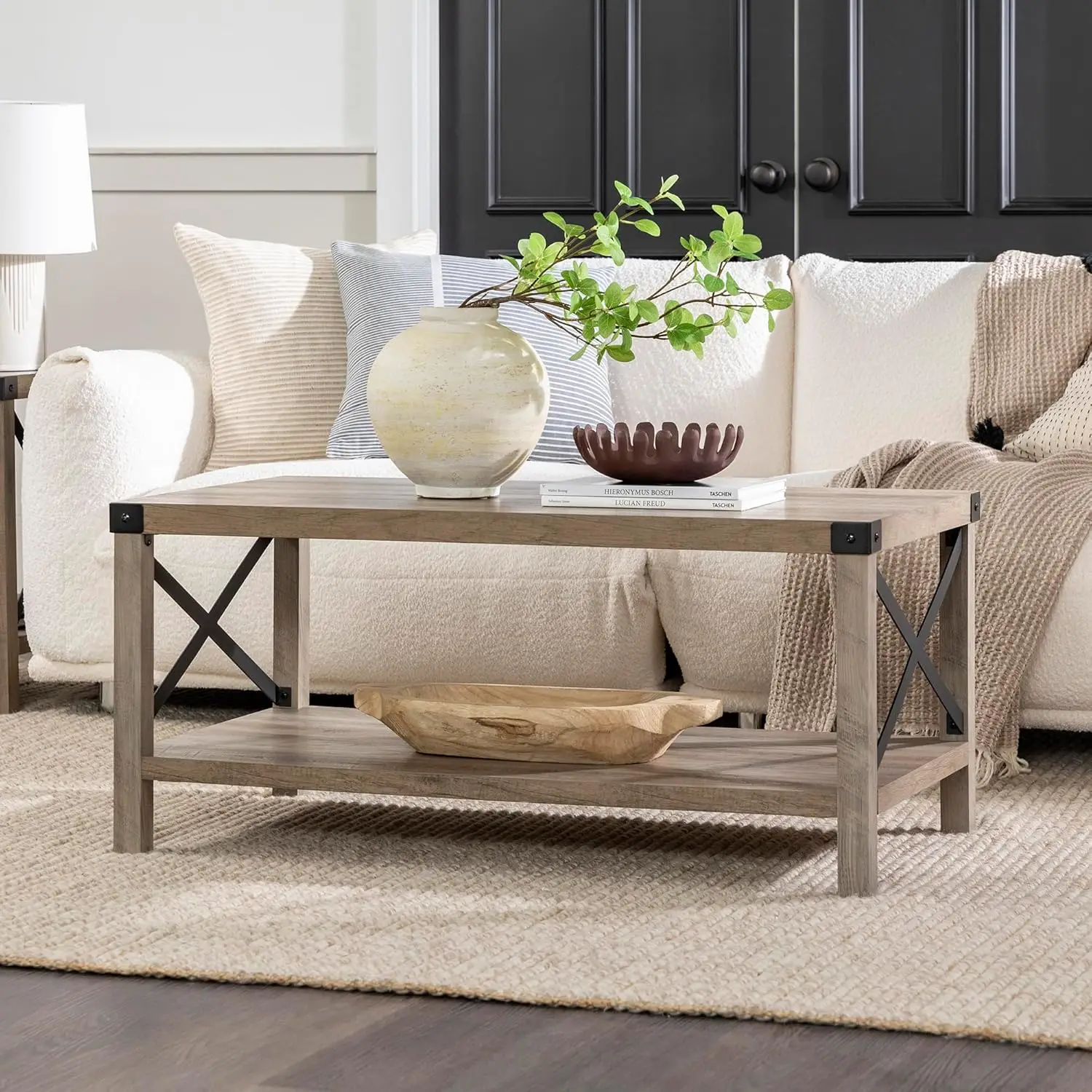 Sedalia Modern Farmhouse Metal X Coffee Table, 40 Inch, Grey Wash