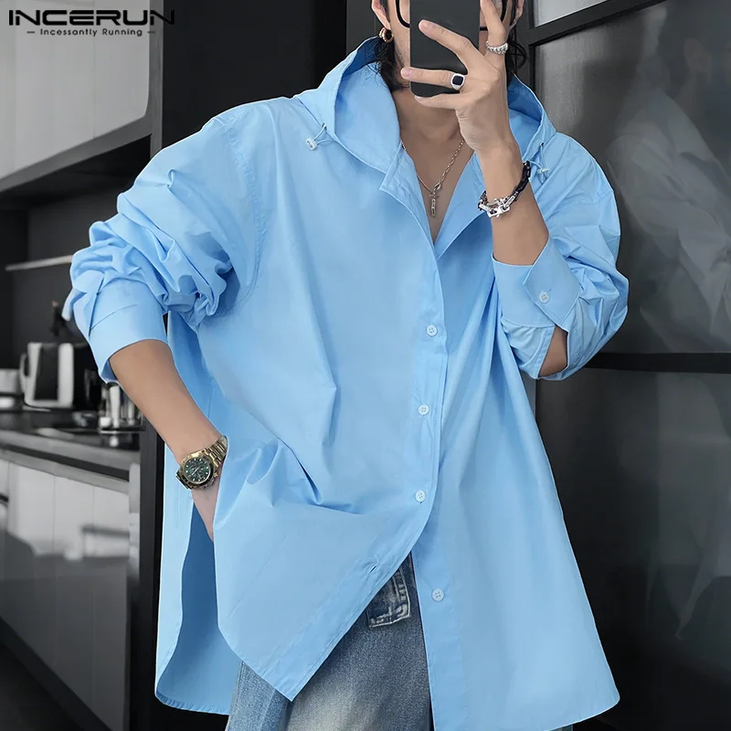 

INCERUN Men Shirt Solid Color Lapel Long Sleeve Button Hooded Casual Men Clothing Streetwear Loose 2025 Fashion Tops Male Shirts