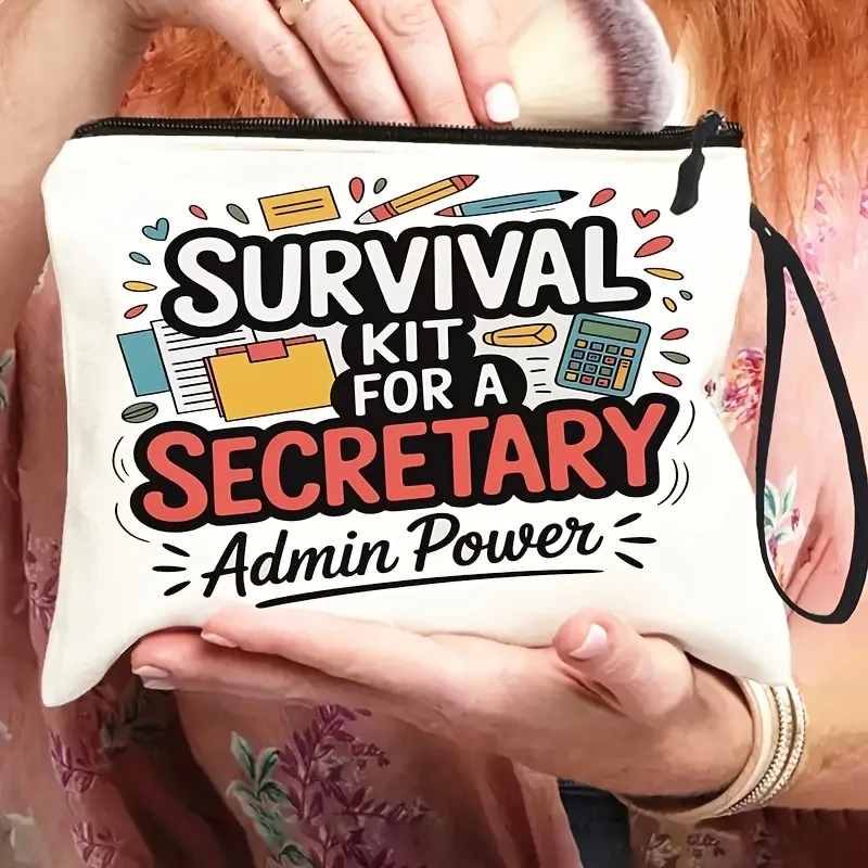 Cosmetic Bag Featuring a Printed Design Without Texture, Equipped with a Wrist Strap. This Humorous Survival Kit-Style Bag Is Th