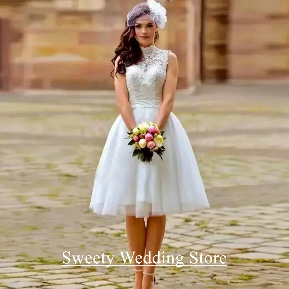 

Vintage Short Wedding Dress Customized High Neck Sleeveless Lace Tulle A Line Bridal Gown for Woman Bride Open Back