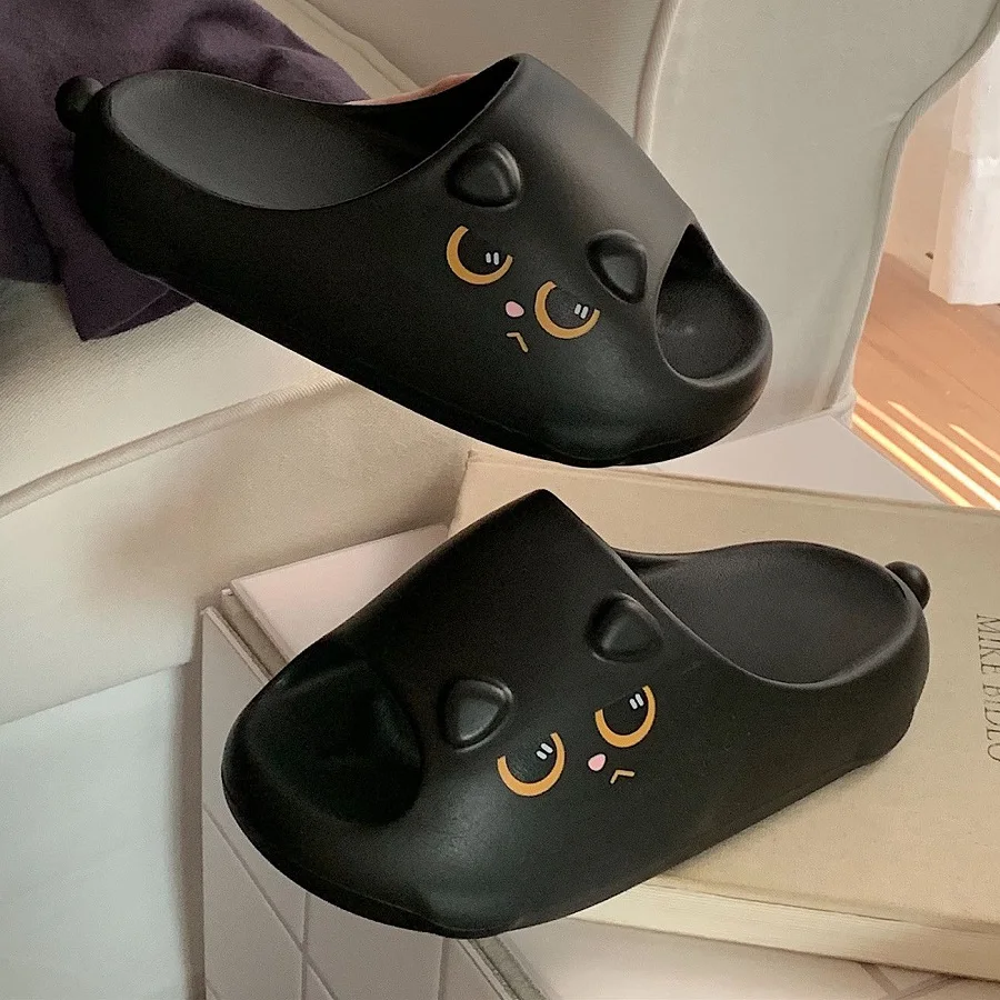 

New sad cat odorless slippers women's summer open back sandal shoes ladies black kitty slipper couple home shoes unisex slides