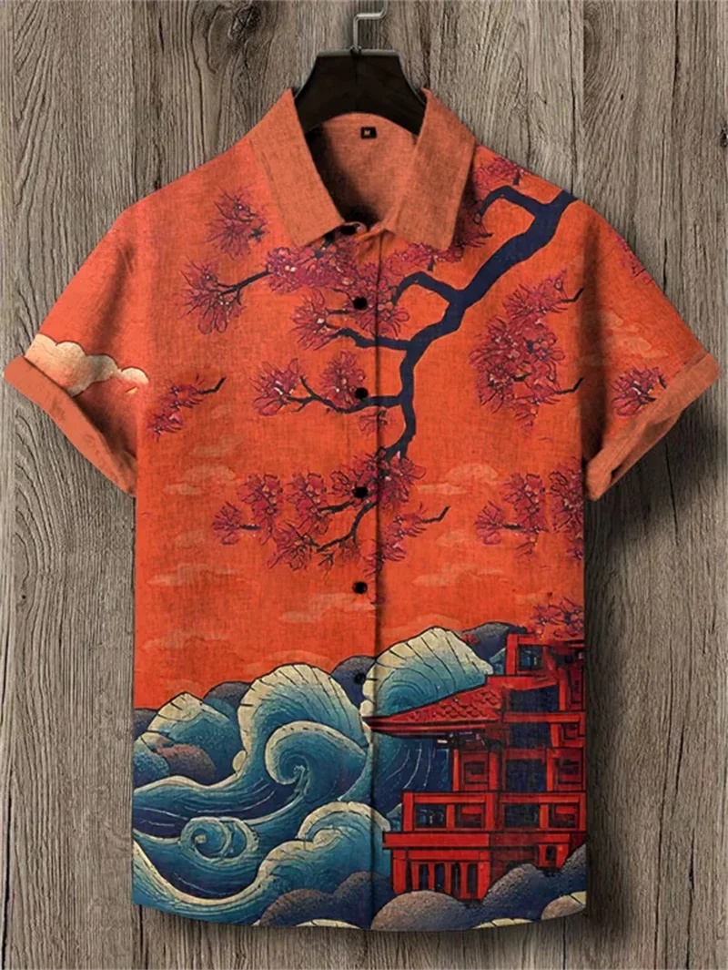 

New men's linen Hawaiian shirt casual short sleeved animal pattern top fashion retro 3D denim cat print shirt