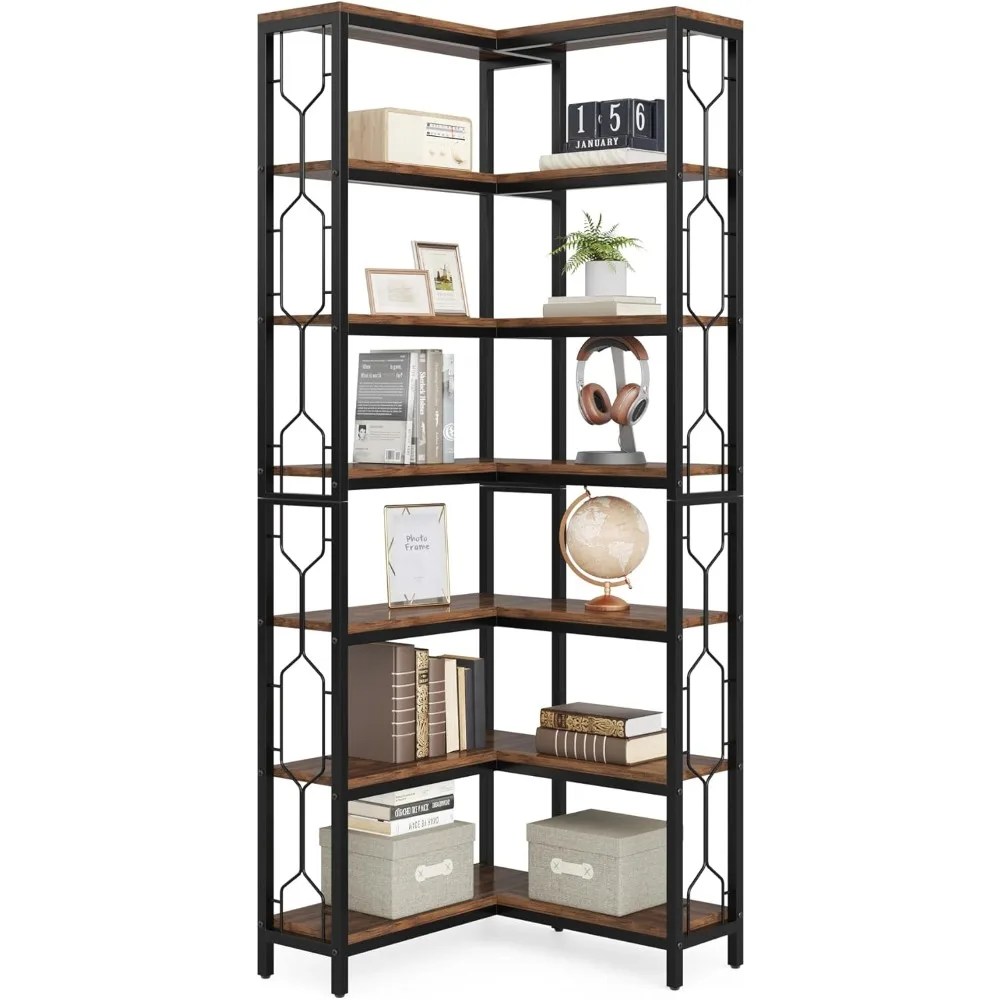 Bookshelf, 7-Tier Bookcase, Tall Book Shelf Modern Book Case for Books, Garage Kit, CDs, Movies, Industrial Corner Storage Orga