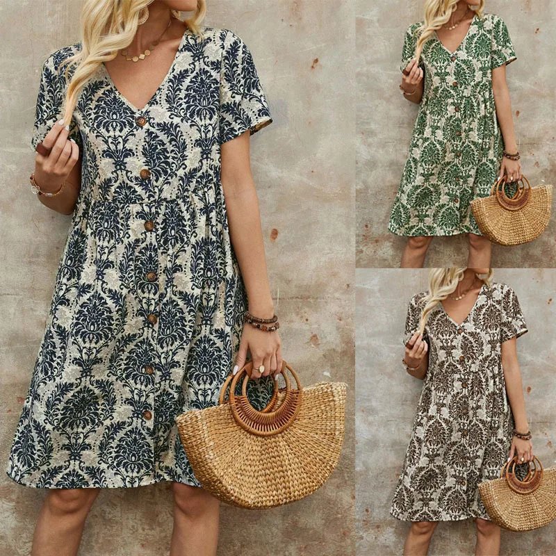 

Elegant Dresses Korean Edition 2024 Women's Summer New Fashion Print V-neck Short Sleeve Loose Medium Dress