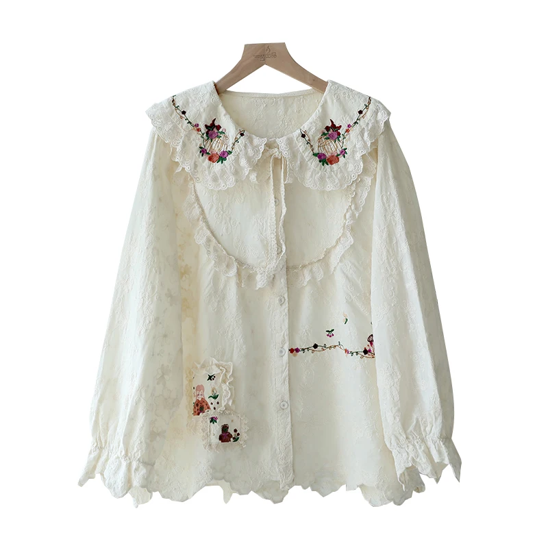 Autumn New Sweet Mori Style Embroidered Shirt Women Long Sleeve Single Breasted Casual Shirt 824-819