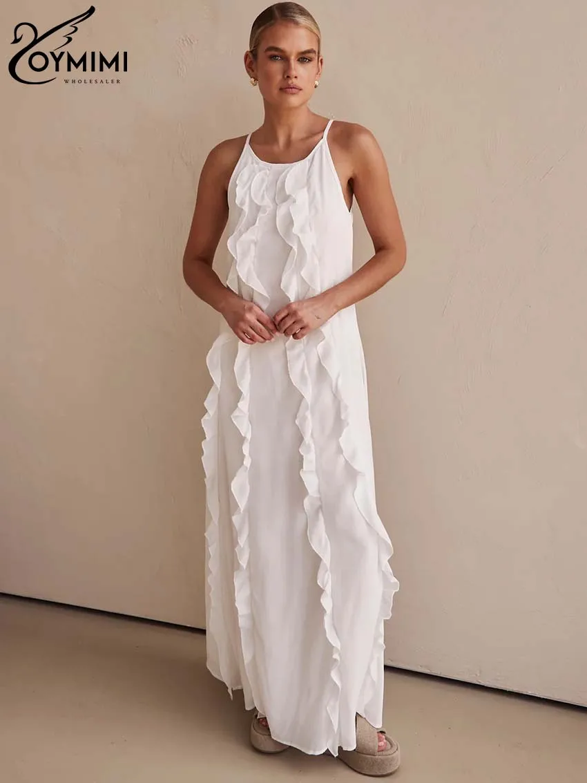 Oymimi Casual White Ruffled Dresses 2024 Women Fashion Spaghetti Strap Sleeveless Dresses Fashion New Solid Ankle-Length Dress