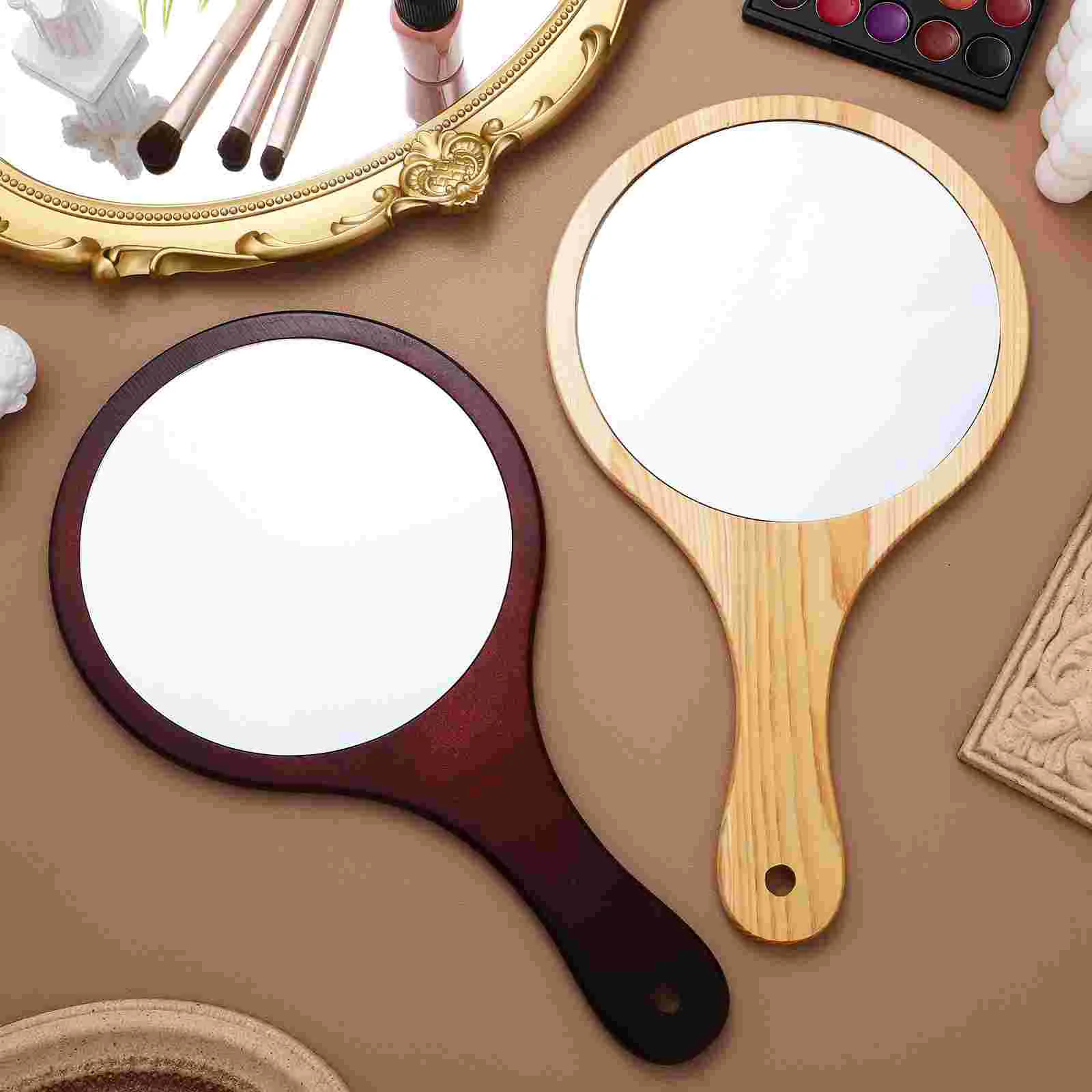 2 Pcs Mirror with Wooden Handle Hair Cutting Salon Makeup Log Large Mirrors Handheld Glass Thin Miss Travel