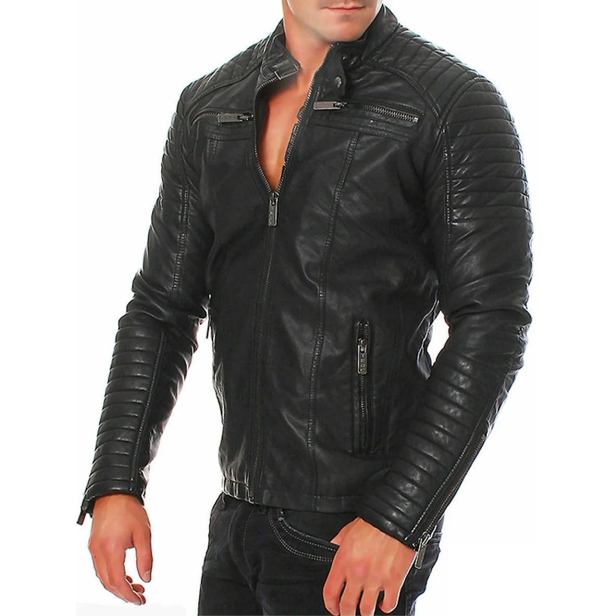 Veste en cuir rouge pour homme, col montant, cardigan à fermeture éclair, costume de danse sur scène, combinaison de bombardier de moto pour homme,