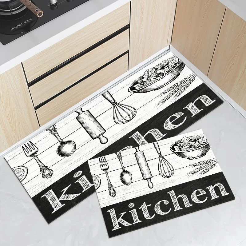 Black White Vintage Wooden Kitchenware Mat Set Waterproof Non Slip Runner Rug Easy Clean Farmhouse Kitchen Floor Decor Rug
