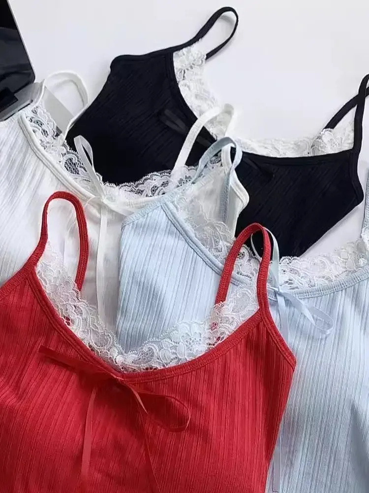 Summer 2025 New Women's Pure Desire Lace Splice Sleeveless Vest Top Girl Design Sense Back Beautiful Back Top Cotton Blend