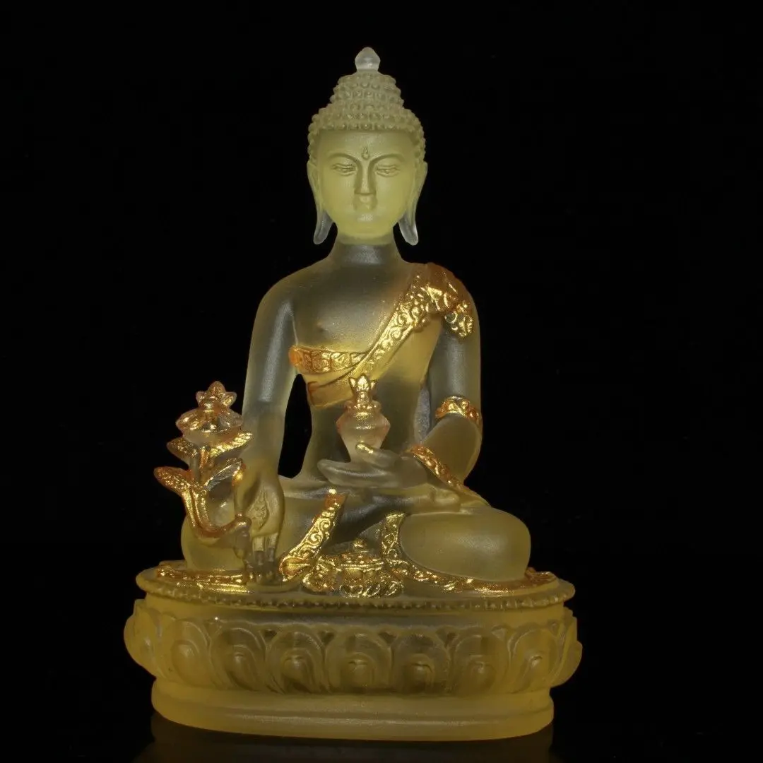 Vintage Early Collection CRYSTAL Gilt Colored Glaze Liuli Lotus Base Sakyamuni Buddha Sculpture Decorative Collectible Statue