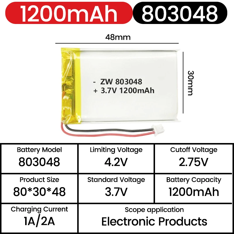 Lithium Polymer Battery 803048 3.7V 1200mAh LiPo Cell Replacement Power Supply For Beauty Instrument Rechargeable