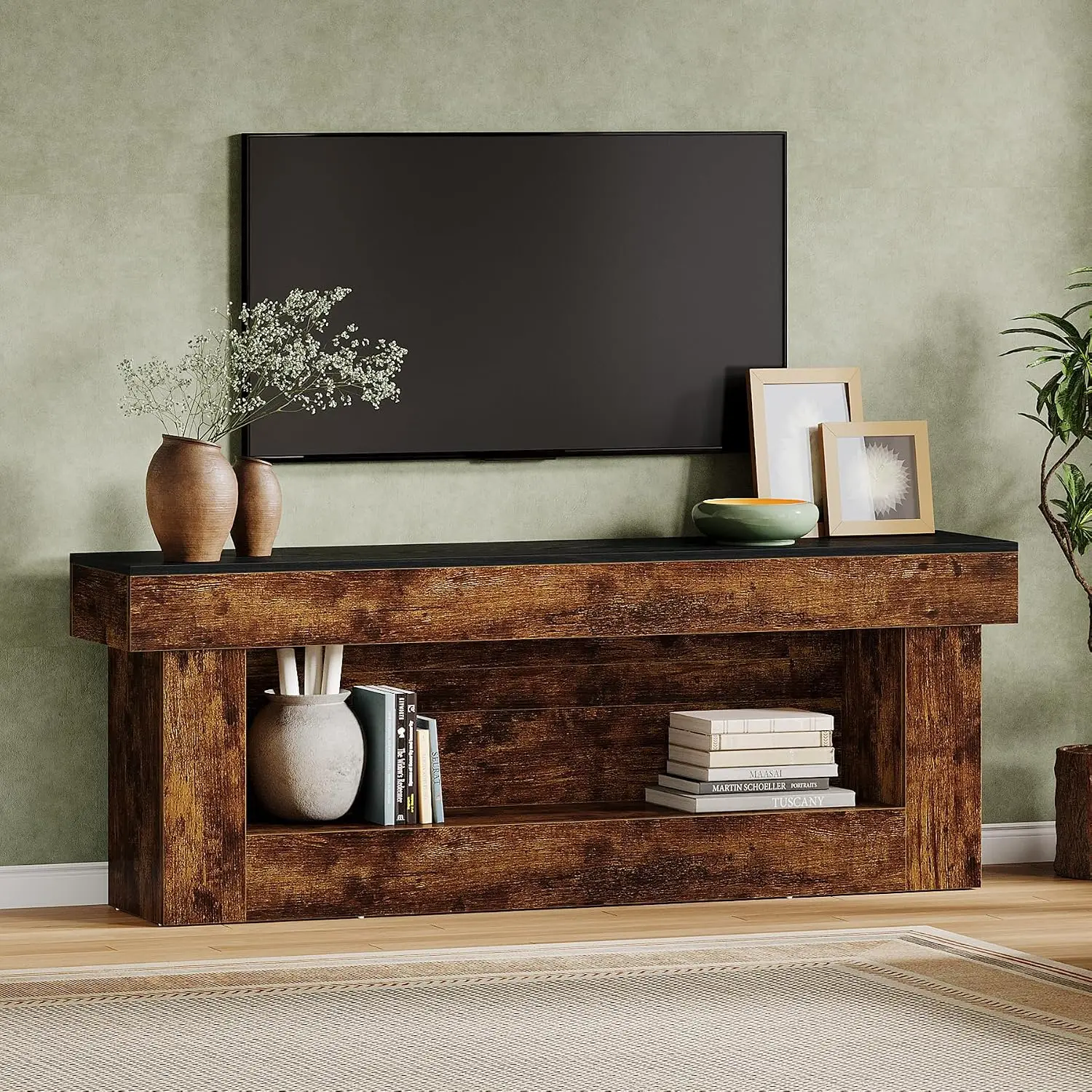 Rustic TV Stand 63-inch Entertainment Center 55-70 Inch TV Farmhouse Console Open Storage Living Room Bedroom Brown & Black, Cus